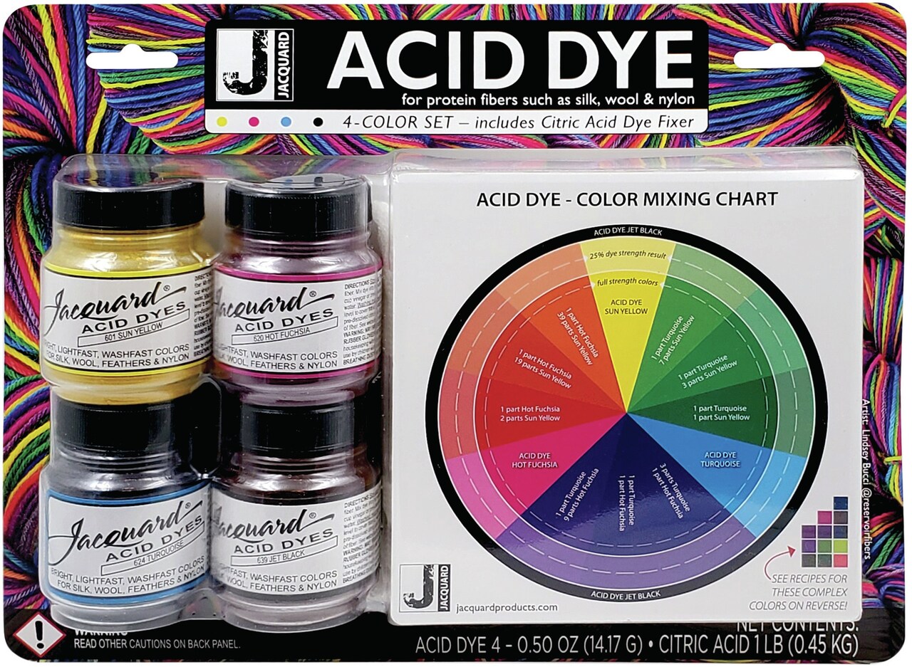 Jacquard Acid Dye 4-Color Set W/Citric Acid-Yellow, Turquoise, Red & Black